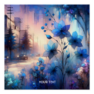 Poster Imaginaire Bleu mignon Fleurs Ville