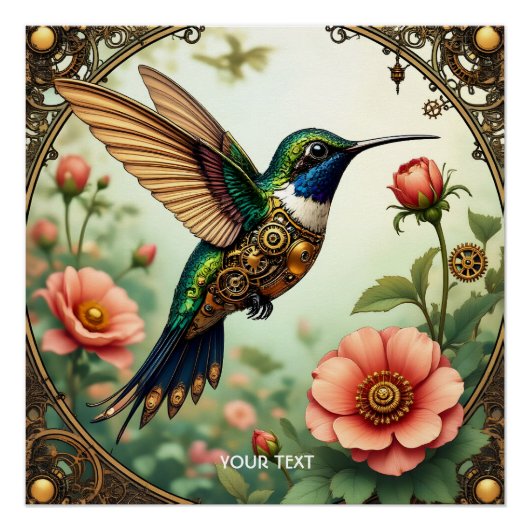 Poster Imaginaire Cute Steampunk Fleurs d'oiseaux (Devant)