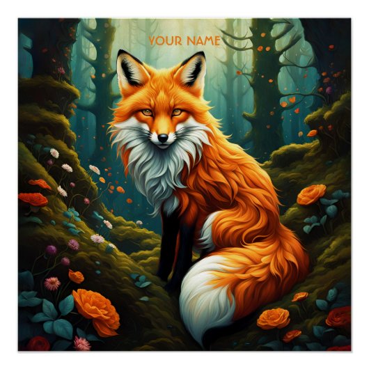 Poster Imaginaire Cute Vivid Majestic Fox Flowers (Devant)