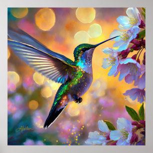 Poster Imaginaire de cerisier en fleurs Hummingbird