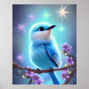 Poster Imaginaire détaillé Cute Kawaii oiseau bleu bébé