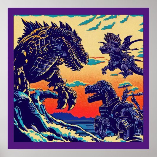 Poster Imaginaire Dinosaure Robots Anime - Woodcut 1 (Devant)