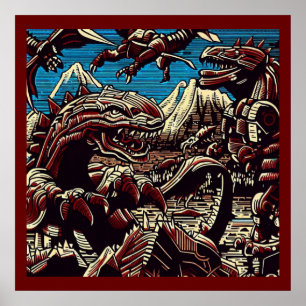 Poster Imaginaire Dinosaure Robots Anime - Woodcut 2
