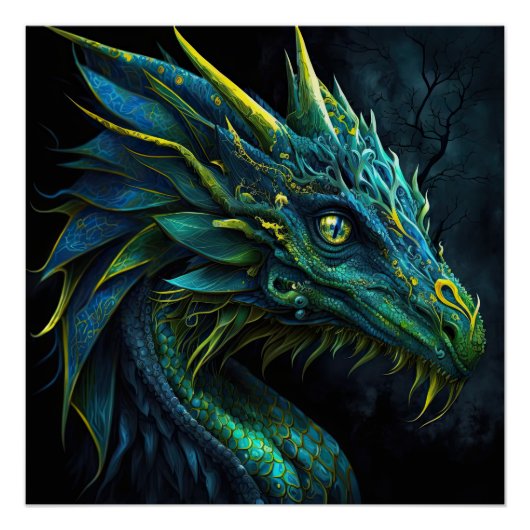 Poster Imaginaire dragon bleu vert avec yeux jaunes IA ar (Devant)