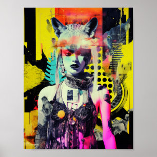 Poster Imaginaire Femme et Animaux Collage coloré