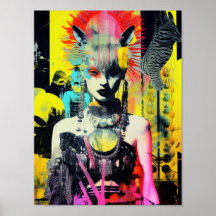 Poster Imaginaire Femme et Animaux Collage coloré