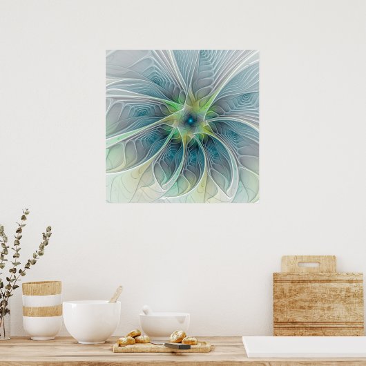 Poster Imaginaire fleuri Moderne Bleu Vert Fractal Fleur (Cuisine)