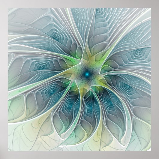 Poster Imaginaire fleuri Moderne Bleu Vert Fractal Fleur (Devant)