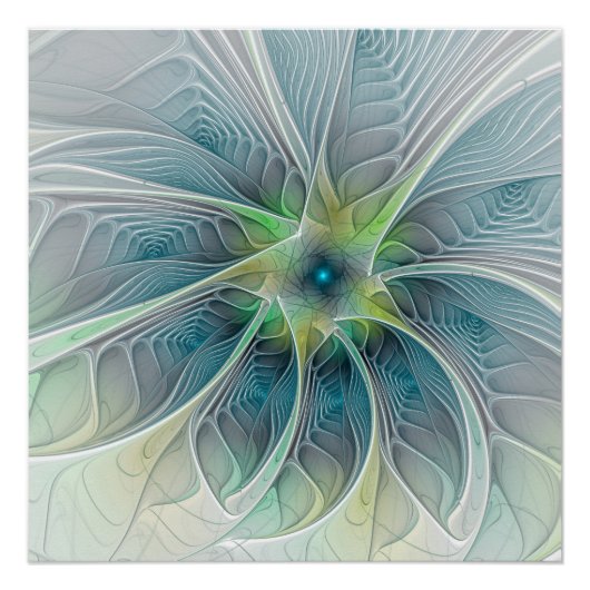 Poster Imaginaire fleuri Moderne Bleu Vert Fractal Fleur (Devant)