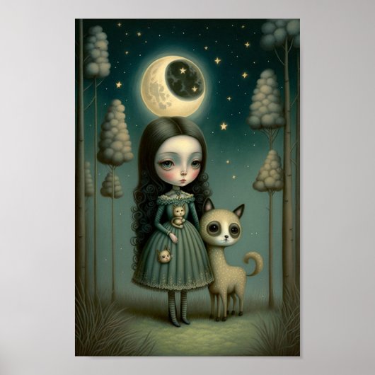 Poster Imaginaire Girl in the Woods avec la lune (Devant)