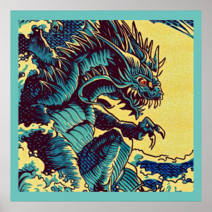 Poster Imaginaire Kaiju Anime - Woodcut 1
