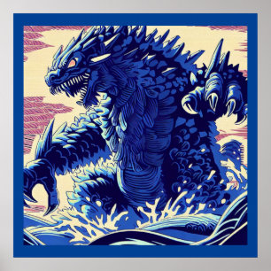 Poster Imaginaire Kaiju Anime - Woodcut 2