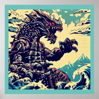 Imaginaire Kaiju Anime - Woodcut 4