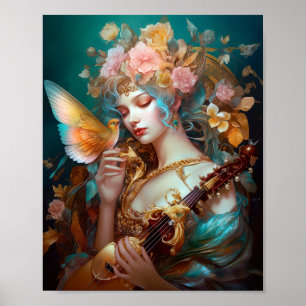 Poster Imaginaire Lady Avec Lute & Butterfly Bird