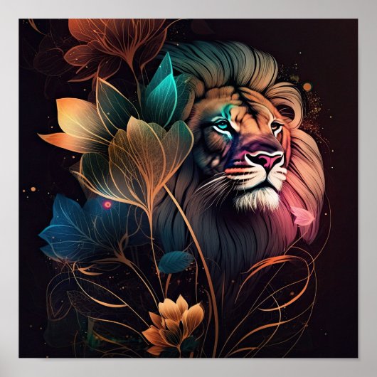 Poster Imaginaire, magnifique lion avec fleurs art IA (Devant)
