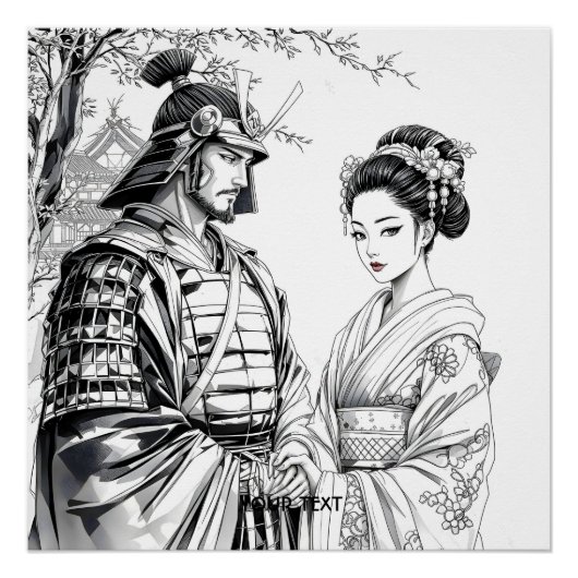 Poster Imaginaire mignon Samurai Geisha crayon (Devant)