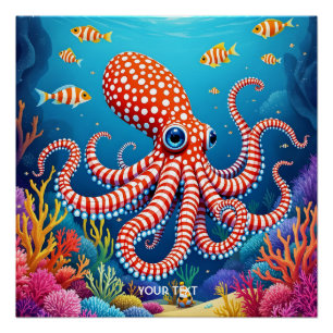 Poster Imaginaire Mignonne À damiers Octopus Mer