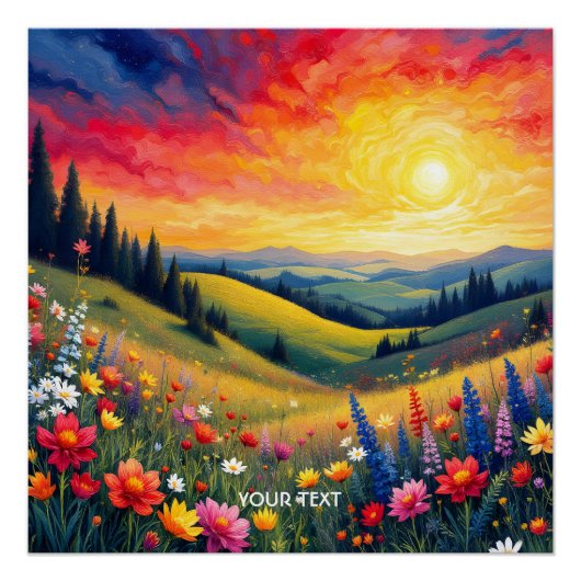 Poster Imaginaire Mignonne Hills Fleurs coucher de soleil (Devant)
