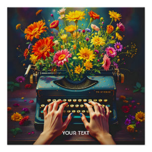 Poster Imaginaire mignonne machine à écrire Fleurs mains