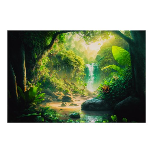 Poster Imaginaire Paradis tropical Paysage avec cascade (Devant)