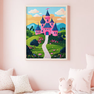 Poster Imaginaire rose Château Coucher de soleil paysage