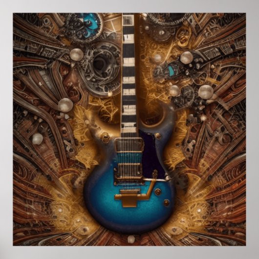 Poster Imaginaire Steampunk Vintage Blue Guitare Aquarell (Devant)