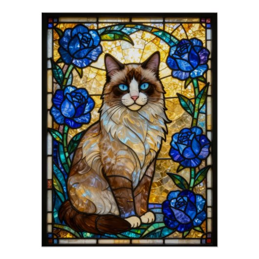 Poster Impression d'art de chat Ragdoll vitrail roses ble (Devant)