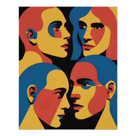 Poster Impression d'art de grille de visages abstraits, V (Devant)