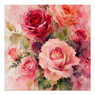 Poster Impression d'art mural Bouquet de roses à l'aquare