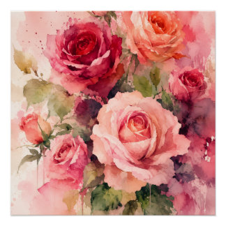 Poster Impression d'art mural Bouquet de roses à l'aquare