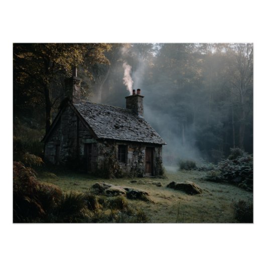 Poster Impression de cabane en pierre dans une forêt brum (Devant)