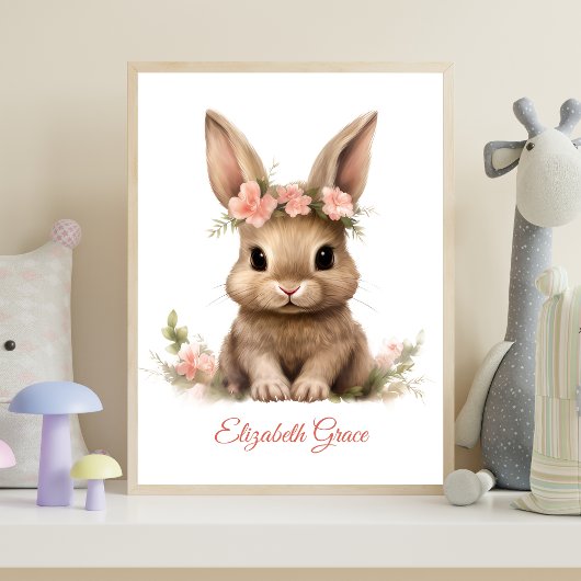 Poster Impression de nurserie Fleurs Roses Lapin Bébé Per