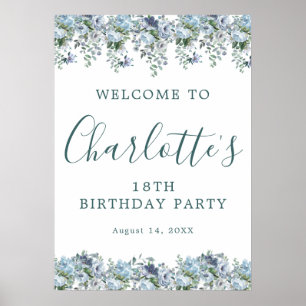 Poster Imprimable 18e anniversaire Blue Floral Bienvenue