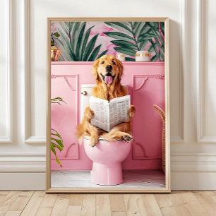 Poster Imprimé Chien de Bain Golden Retriever sur Toilett