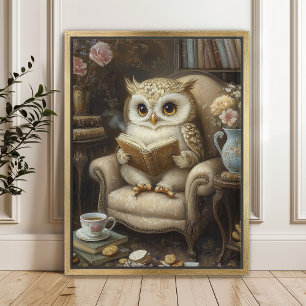Poster Imprimé d'art de chouette de lecture fantaisiste a