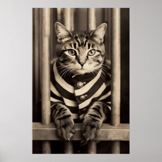 Poster Imprimé de chat drôle de prison, costume rayé vint
