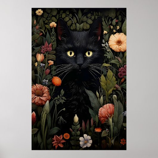Poster Imprimé de chat noir amateur de fleurs, Chat flora (Devant)