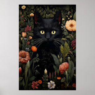 Poster Imprimé de chat noir amateur de fleurs, chat flora