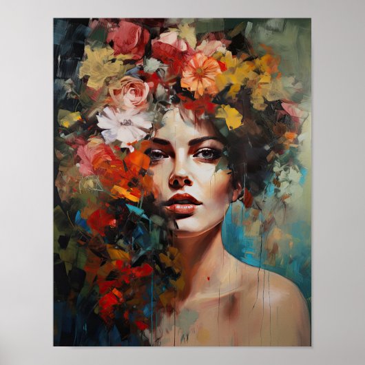 Poster imprimé d'une femme avec une tête de fleurs (Devant)