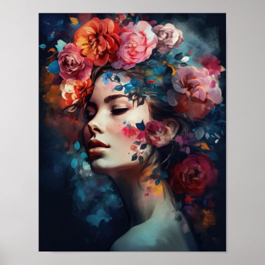 Poster imprimé d'une femme avec une tête de fleurs (Devant)