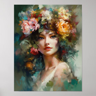 Poster imprimé d'une femme avec une tête de fleurs