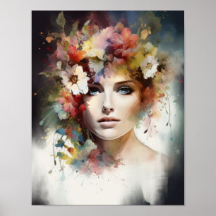 Poster imprimé d'une femme avec une tête de fleurs