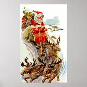 Poster Imprimé Noël Vintage Père Noël et Reindeer Sleigh