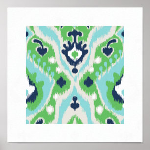 Poster imprimé tribal chic moderne bleu vert ikat motif