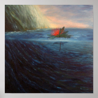 Poster Imprimer : Fleur rouge Pohutukawa dans la mer bleu