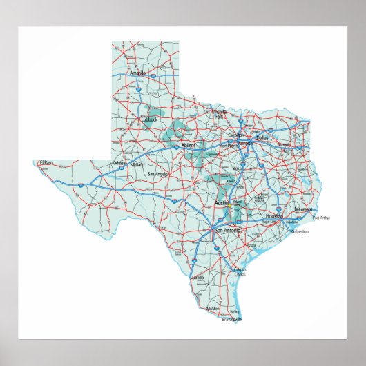 Poster Imprimer la carte inter-États du Texas (Devant)