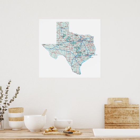 Poster Imprimer la carte inter-États du Texas (Cuisine)
