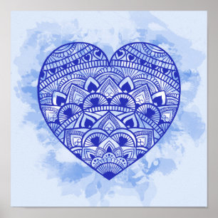 Poster Imprimer l'aquarelle bleue Mandala Heart