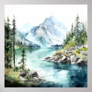 Poster Imprimer l'aquarelle Mountain Lake
