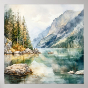 Poster Imprimer l'aquarelle Mountain Lake